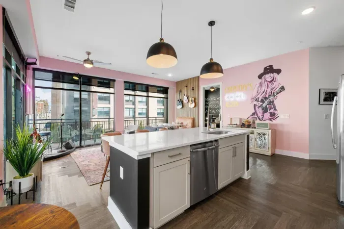 View from the kitchen to the open concept living room.