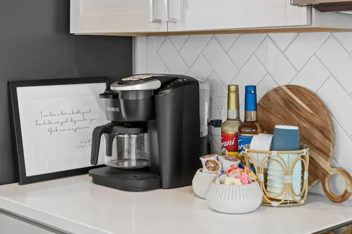 We take our coffee seriously around here, y'all.  Brew either a single cup or a carafe.  K Cups, creamer, syrups, and sweeteners have been provided.