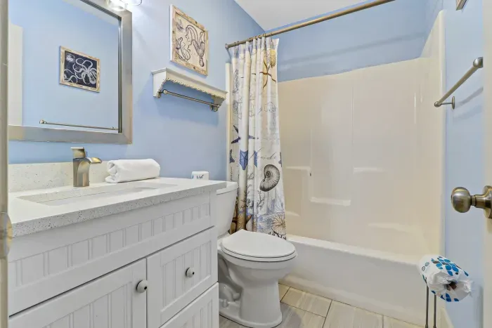Bright coastal bathroom with tub-shower combo and fresh, airy finishes
