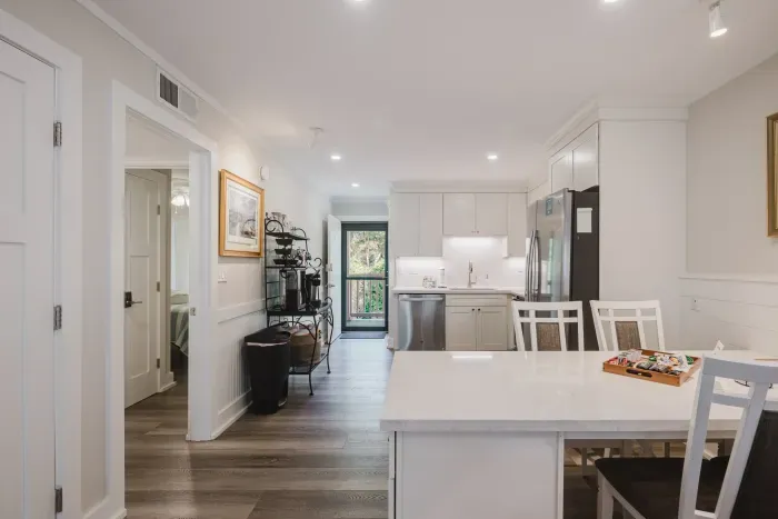 Bright modern kitchen with island seating and sleek stainless appliances