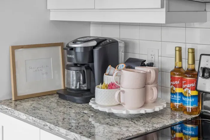 We take our coffee seriously around here, y'all.  Brew either a single cup or a carafe.  K Cups, creamer, syrups, and sweeteners have been provided.
