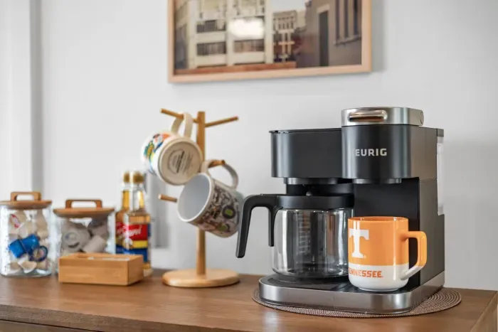 We take our coffee seriously around here, y'all.  Brew either a single cup or a carafe.  K Cups, creamer, syrups, and sweeteners have been provided.