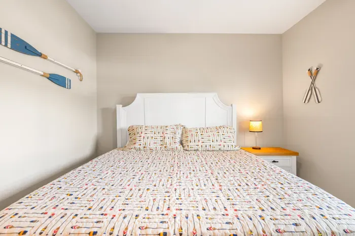 Soft lighting and a nightstand on each side. Easy room to fall asleep in after a full day on the water.