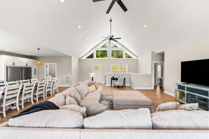 Vaulted ceilings and windows at the peak. Room to spread out and still be in the same conversation.