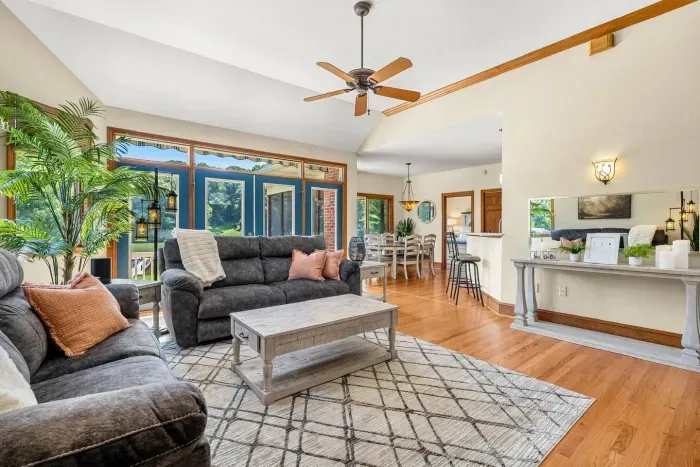 Wall to wall windows bringing the beauty of the outside in.