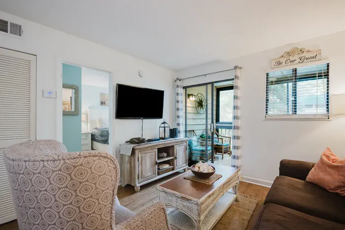 Bright living room with TV and screened patio access