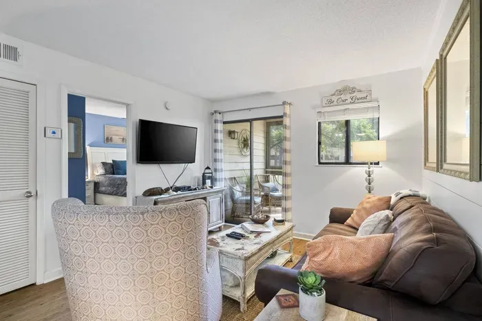 A smart television is mounted on the wall for entertainment