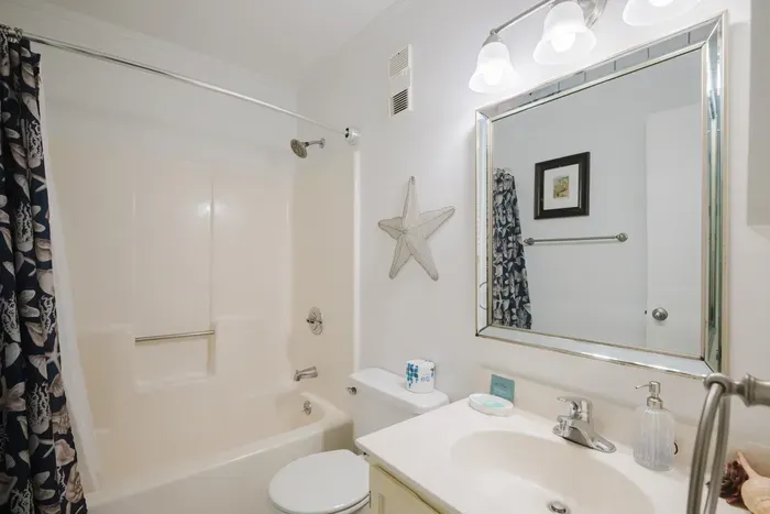 Bright coastal-style bathroom with tub/shower combo and large vanity mirror