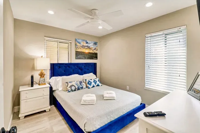 Nice bedroom with perfect lightning. Black out curtains added.  Extra view with water views.
