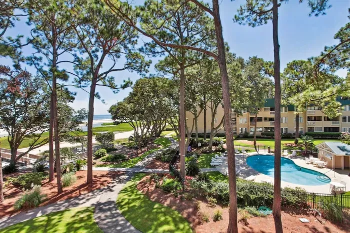The villa is in the building photographed here with a pool.