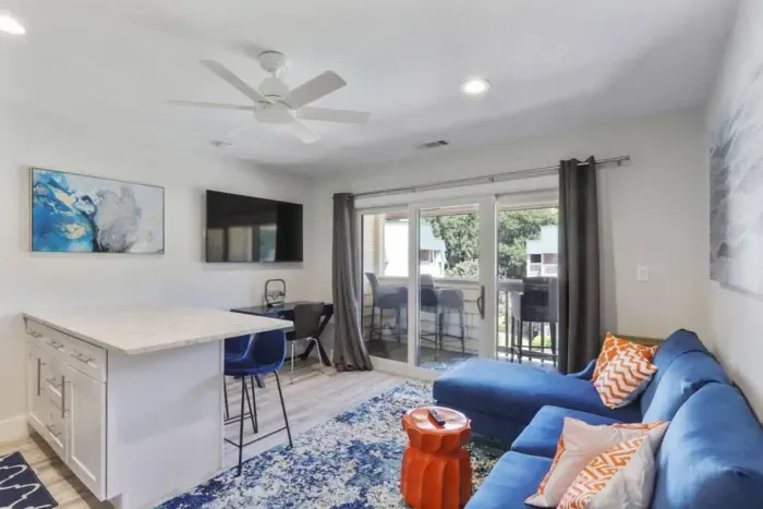 Liiving room with Smart TV for entertainment.