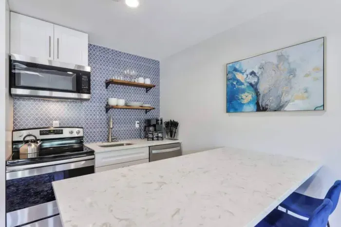 Granite countertop on kitchen.