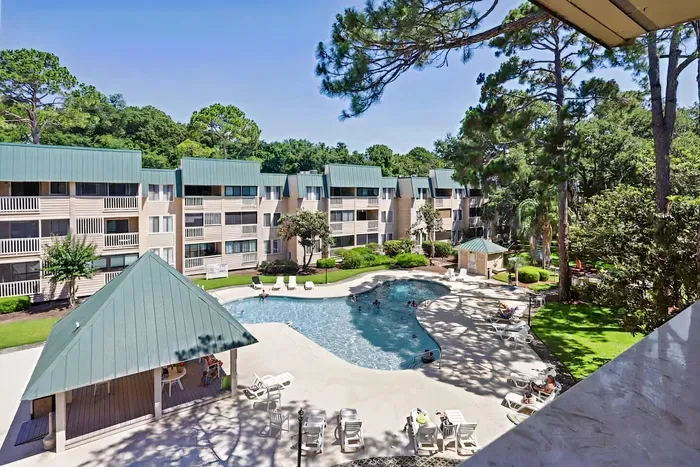 Overview of the pool area from the balcony
