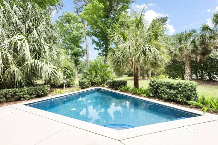 Private in-ground pool ringed by palms and palmettos. Nobody's fighting for a chair here.
