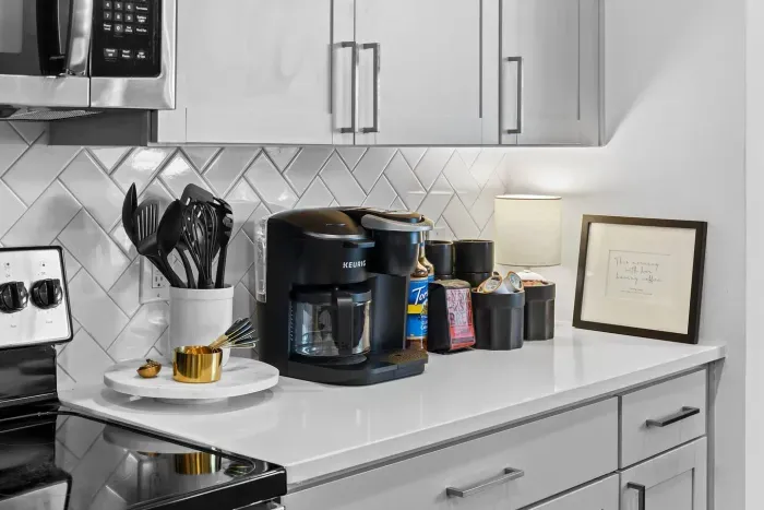 We take our coffee seriously around here, ya'll.  Brew either a single cup or a carafe. K Cups, creamer, syrups, and sweetners have been provided.