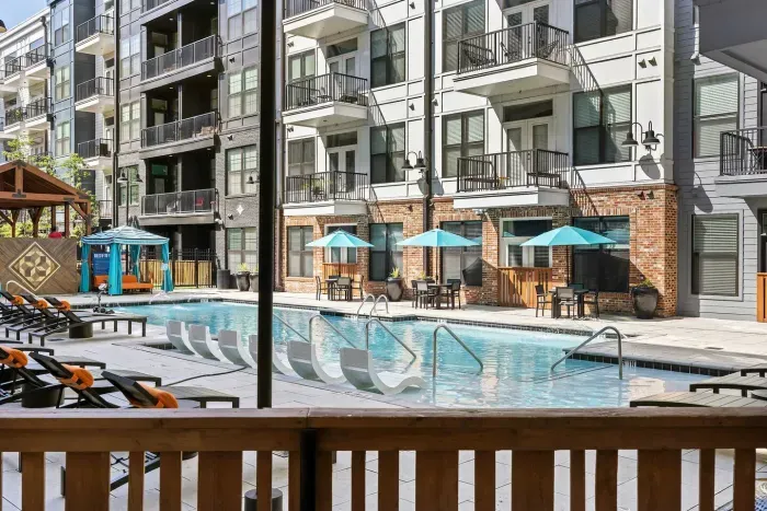 Enjoy hanging out poolside by day and the Broadway lights at night!  Pictured is the view from our private patio.