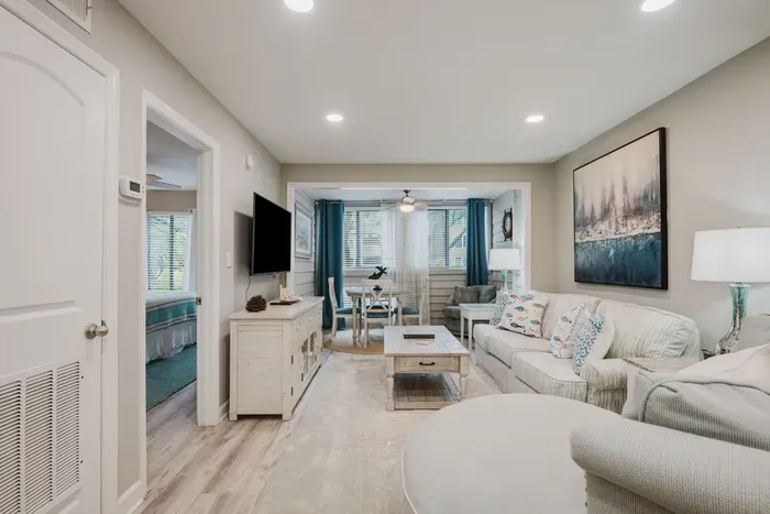 The bedroom opens right off the living room — easy for parents with kids down for the night.