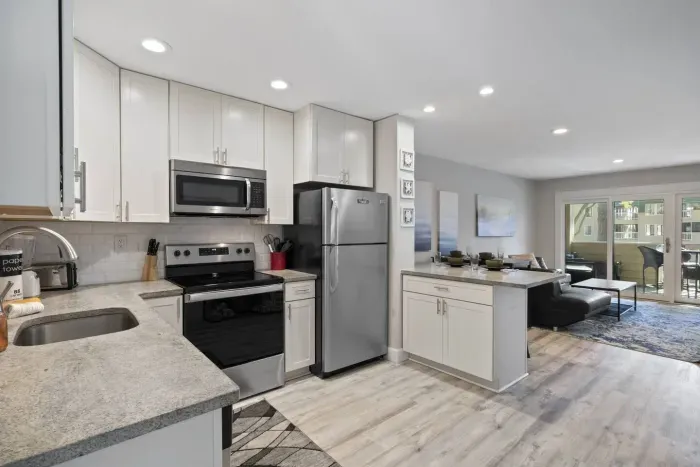 The design of the kitchen follows a clean and uncluttered aesthetic..
