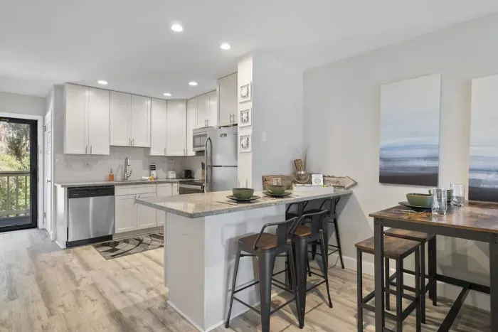 Kitchen and dining with granite countertop