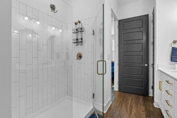 Large tile shower in the second bathroom.