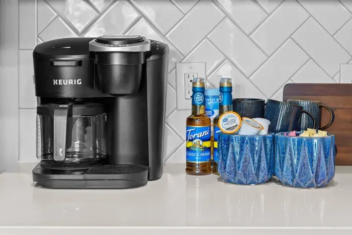 We take our coffee seriously around here, ya'll.  Brew either a single cup or a carafe.  K Cups, creamer, syrups, and sweetners have been provided.