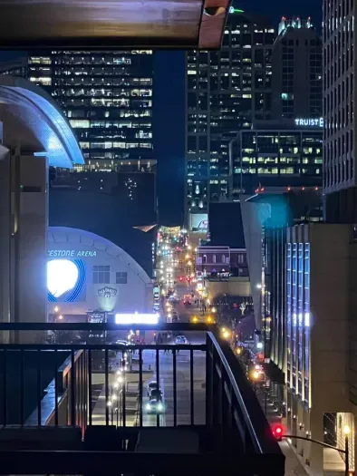 Balcony photo by night!  What a view!  Peep Bridgestone Arena and the Ryman! :)