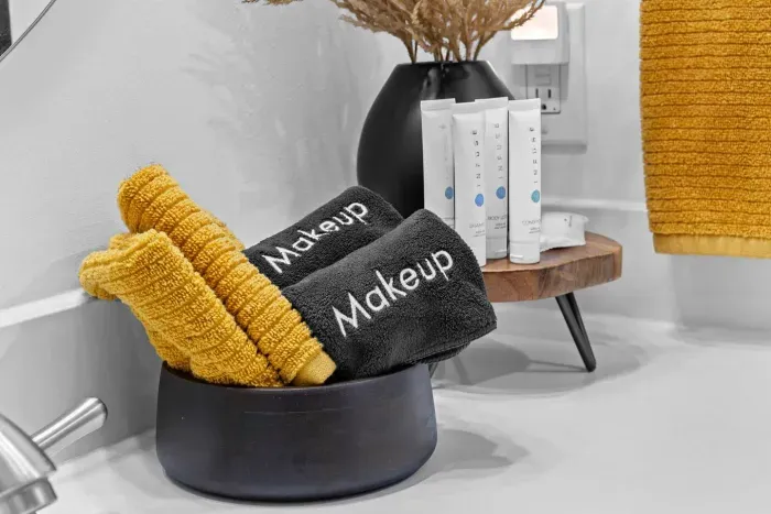 Our bathroom is prepped and ready for your arrival -- plush bath towels, makeup towels, and travel size toiletries in case you leave anything at home. :)