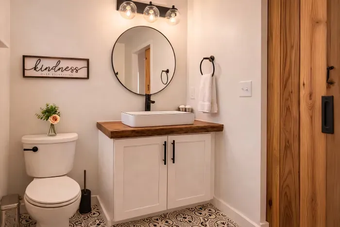 The vanity and toilet area in the Master standard-king bathroom are located opposite the barn door. This spacious bathroom also features a vintage shower and plenty of room to get ready comfortably.