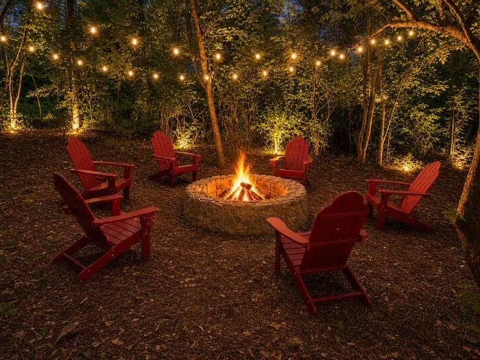 NEW (April 2026) outdoor stone fireplace with Adirondack chairs foster a sense of relaxation at the end of the day.