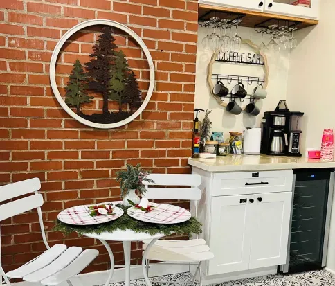 Coffee & tea bar with wine fridge. 