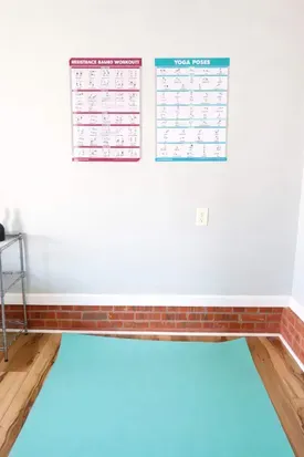 Yoga mat with posters to help you stretch and use workout bands. 