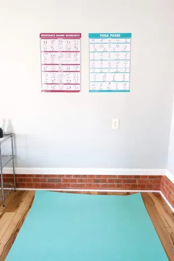 Yoga mat with posters to help you stretch and use workout bands.