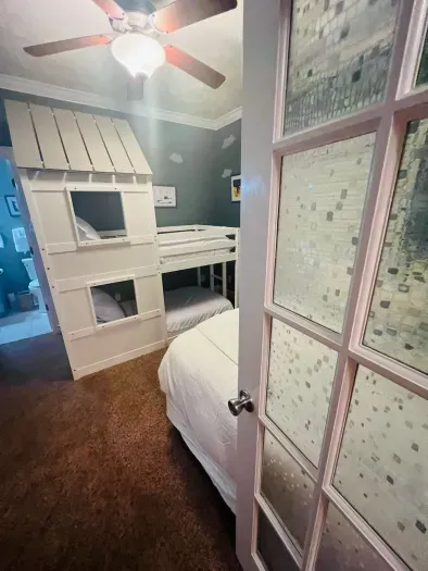 Bunk beds are twin on second bedroom downstairs and also has a full size bed. The bathroom also has a hall entrance.