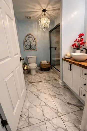Elegant and serene, the main bathroom features calming décor and a spacious tiled walk-in shower with a built-in bench.