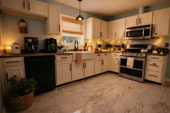 The kitchen is fully stocked and includes a DOUBLE OVEN, upgraded coffee maker, electric can opener, toaster, and air fryer for easy, comfortable stays.