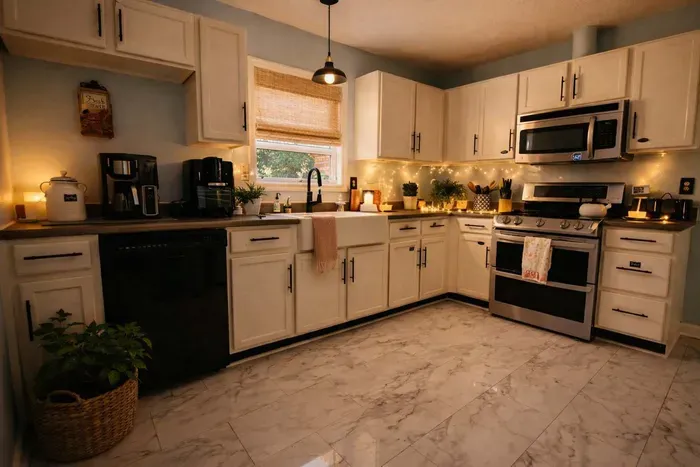 The kitchen is fully stocked and includes a DOUBLE OVEN, upgraded coffee maker, electric can opener, toaster, and air fryer for easy, comfortable stays.