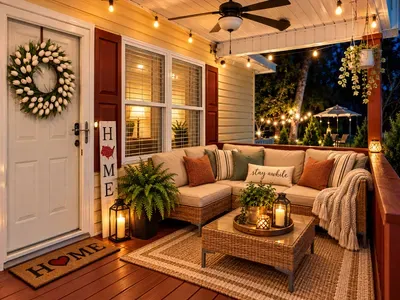 Front patio area. Outdoor seating with lights and grill is in background.