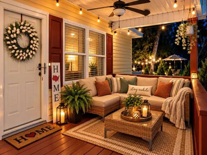 Front patio area. Outdoor seating with lights and grill is in background.