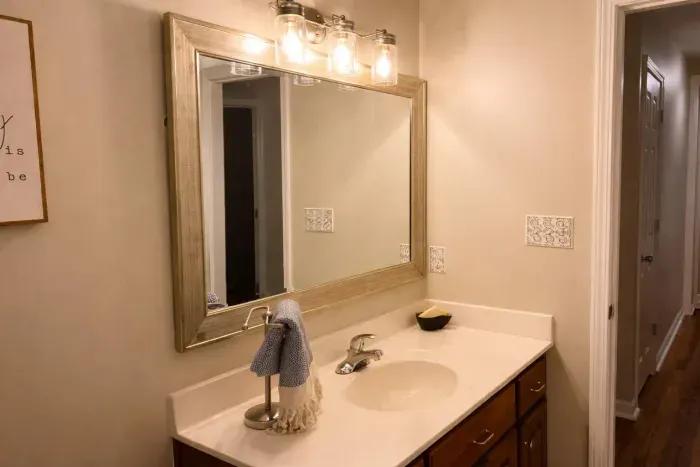 The upstairs bathroom is shared by the three bedrooms and office upstairs. This picture is taken from the shower/bathtub area.