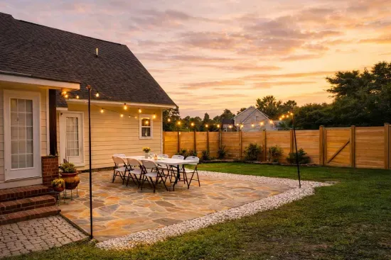 A great house for outdoor fun in the fall or spring! Flagstone patio is 20x20. Grill is not in this picture but in grass to the right off screen. Hanging lights and firepit on the other side of the yard offset the custom privacy fence. 