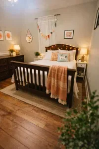 Double bed in this bedroom is directly beside the upstairs bathroom. 

Rug and lamps removed to make the room more child-friendly.
