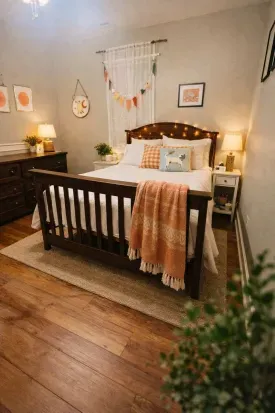 Double bed in this bedroom is directly beside the upstairs bathroom. 

Rug and lamps removed to make the room more child-friendly. 