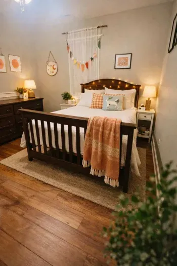 Double bed in this bedroom is directly beside the upstairs bathroom. 

Rug and lamps removed to make the room more child-friendly.