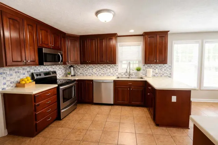 You'll enjoy the large kitchen area with lots of counter space. Two bar stools not pictured. Kitchen nook is to right - perfect for family gatherings so you can cook and converse with your family.