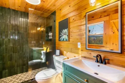 Master Bath with walk in rain shower-you can even see the mountains from the bathroom window!