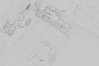 Il piano della proprietà con le due case, giardino e zona piscina. C'è più terreno intorno di quanto si vede in questo disegno.
