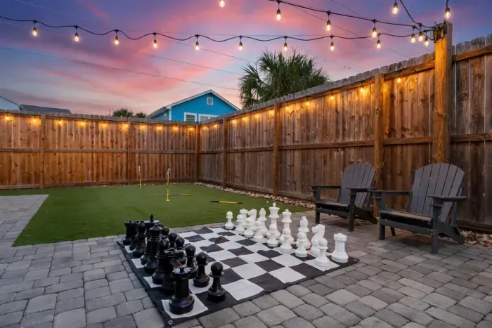 Private backyard retreat featuring a life-size chess set, putting green, and ambient string lighting. Ideal for fun-filled evenings and friendly competition.