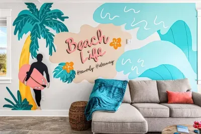 Fun coastal artwork sets the tone and reminds you that this trip is all about slowing down and enjoying the beach life.