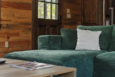 Inviting sitting area with plush chairs and a rustic view of the forest beyond.