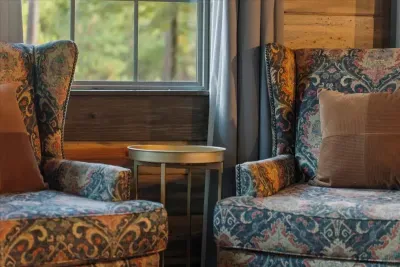 Cozy reading nook with plush armchairs and warm natural light perfect for quiet moments.